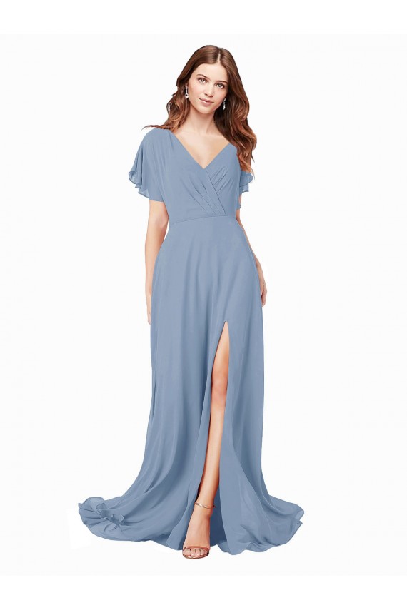 Erschwingliche Staubiges Blau A-Linien V-Ausschnitt Chiffon Lange Brautjungfernkleider / Abiballkleider