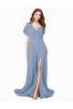 Erschwingliche Staubiges Blau A-Linien V-Ausschnitt Chiffon Lange Brautjungfernkleider / Abiballkleider