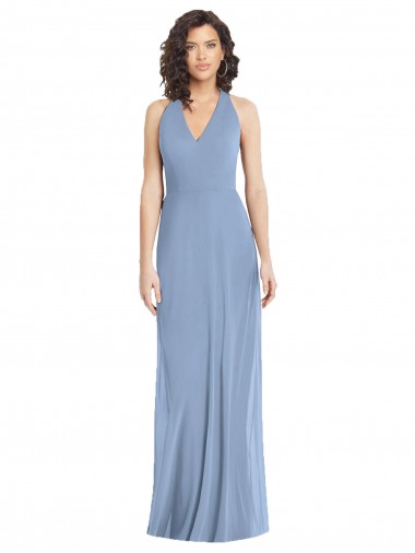 Erschwingliche Staubiges Blau Trompete Neckholder V-Ausschnitt Chiffon Lange Formale Brautjungfernkleider / Abendkleider