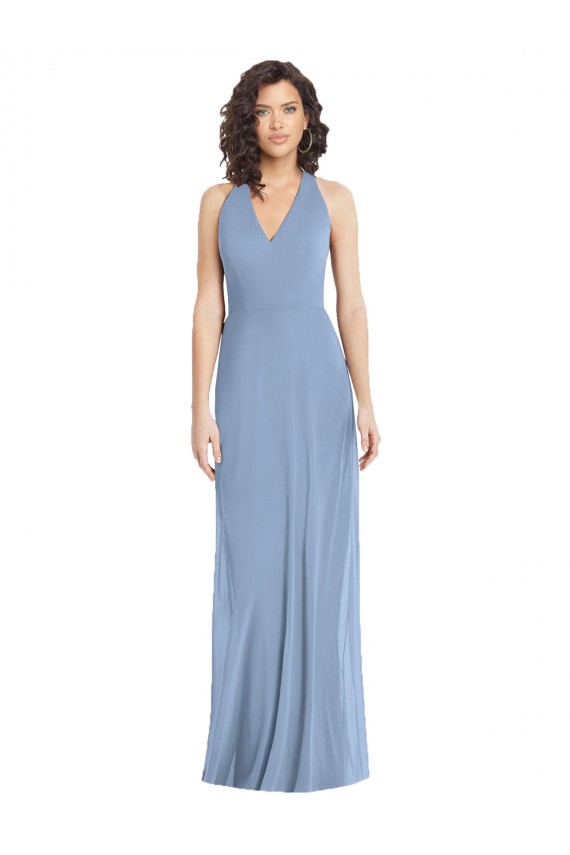 Erschwingliche Staubiges Blau Trompete Neckholder V-Ausschnitt Chiffon Lange Formale Brautjungfernkleider / Abendkleider