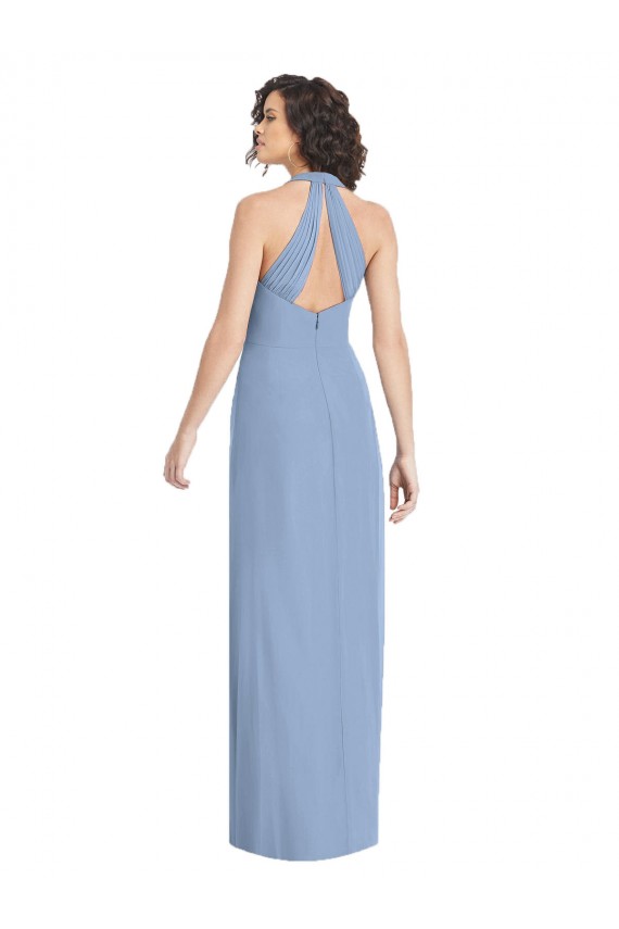 Erschwingliche Staubiges Blau Trompete Neckholder V-Ausschnitt Chiffon Lange Formale Brautjungfernkleider / Abendkleider