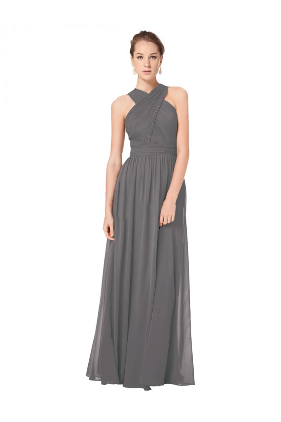 Erschwingliche Stormy Silver A-Linien Neckholder Chiffon Lange Brautjungfernkleider