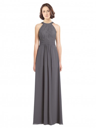 Erschwingliche Stormy Silver A-Linien Neckholder Chiffon Spitze Lange Brautjungfernkleider