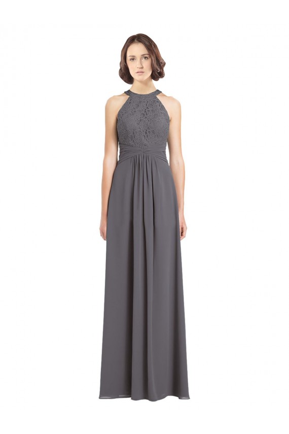 Erschwingliche Stormy Silver A-Linien Neckholder Chiffon Spitze Lange Brautjungfernkleider