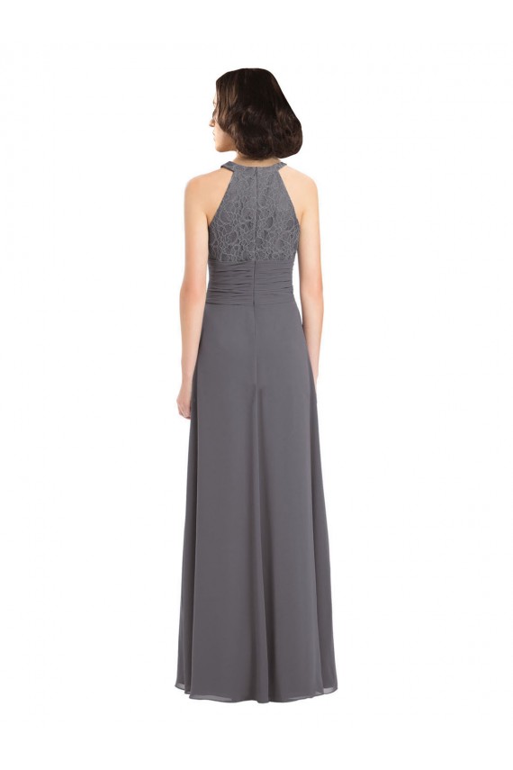 Erschwingliche Stormy Silver A-Linien Neckholder Chiffon Spitze Lange Brautjungfernkleider