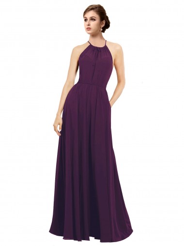 Erschwingliche Traube A-Linien Neckholder Chiffon Lange Brautjungfernkleider