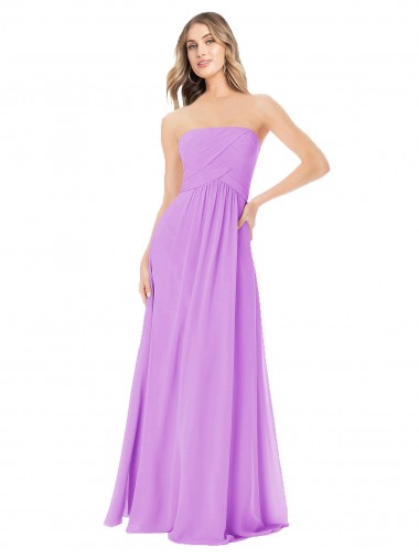 Erschwingliche Violett A-Linien Trägerlos Chiffon Lange Brautjungfernkleider