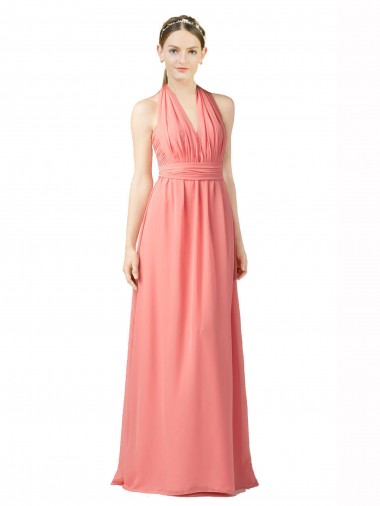 Erschwingliche Wassermelone A-Linien Neckholder Chiffon Lange Brautjungfernkleider