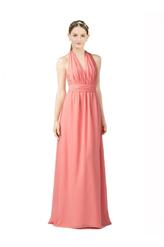 Erschwingliche Wassermelone A-Linien Neckholder Chiffon Lange Brautjungfernkleider