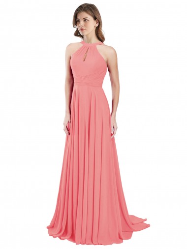 Erschwingliche Wassermelone A-Linien Neckholder Chiffon Lange Brautjungfernkleider
