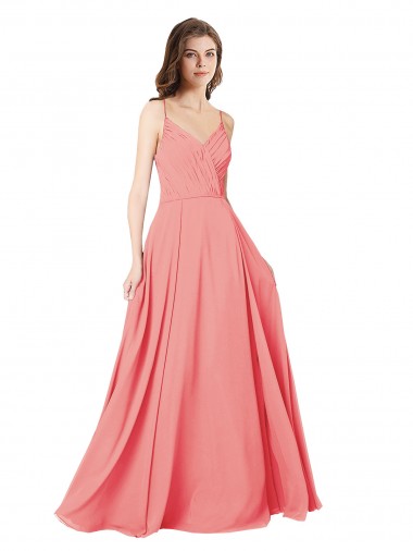 Erschwingliche Wassermelone A-Linien V-Ausschnitt Chiffon Lange Brautjungfernkleider