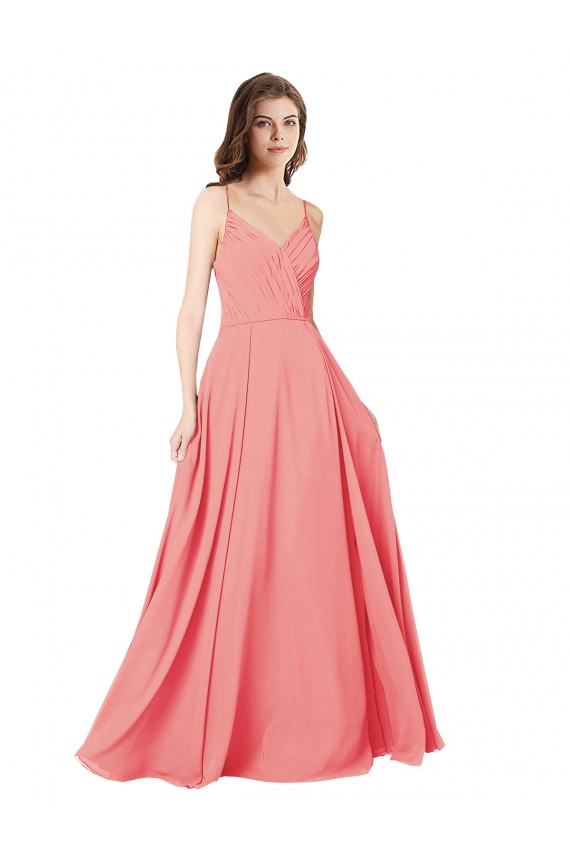 Erschwingliche Wassermelone A-Linien V-Ausschnitt Chiffon Lange Brautjungfernkleider