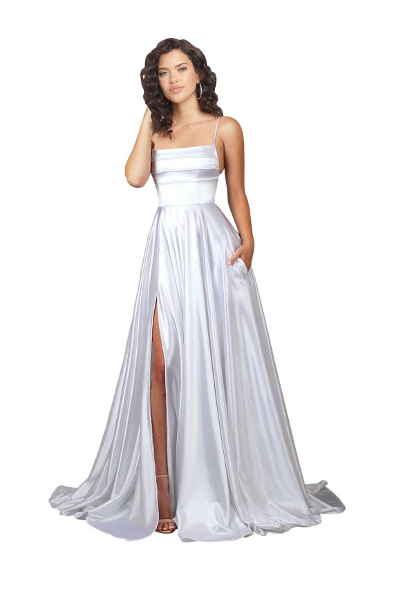 Erschwingliche Weiß A-Linien Spaghetti-Träger Stretch-Satin Einfache Strand Brautkleider