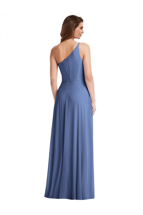 Erschwingliche Windsor Blau A-Linien Eine-Schulter Chiffon Lange Formale Brautjungfernkleider / Abendkleider