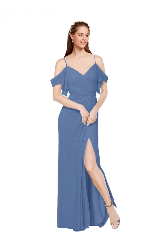Erschwingliche Windsor Blau A-Linien Off-Schulter Chiffon Lange Brautjungfernkleider