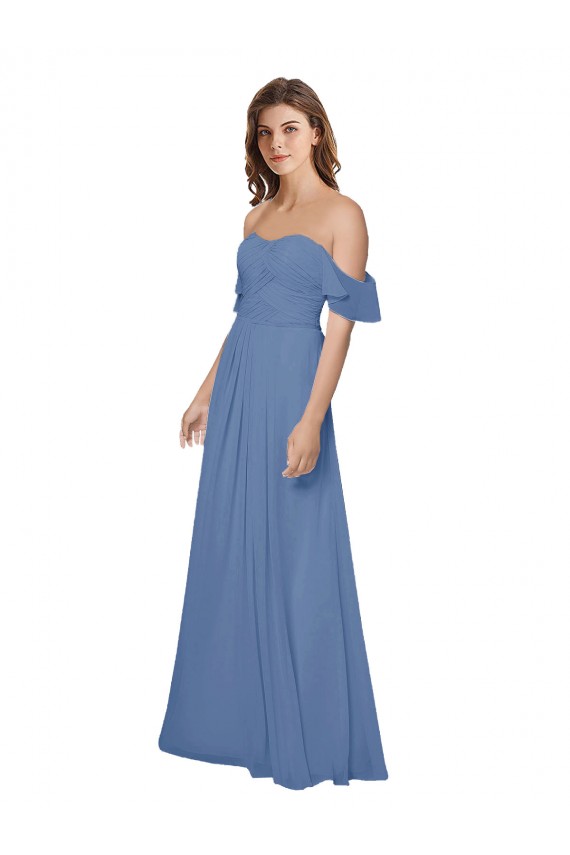 Erschwingliche Windsor Blau A-Linien Off-Schulter Trägerlos Chiffon Lange Brautjungfernkleider