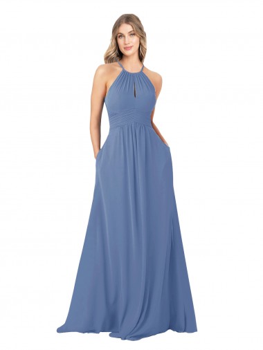 Erschwingliche Windsor Blau A-Linien Stehkragen Ausschnitt Chiffon Lange Brautjungfernkleider