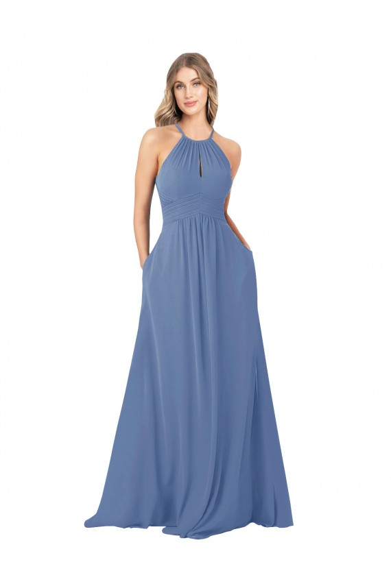 Erschwingliche Windsor Blau A-Linien Stehkragen Ausschnitt Chiffon Lange Brautjungfernkleider