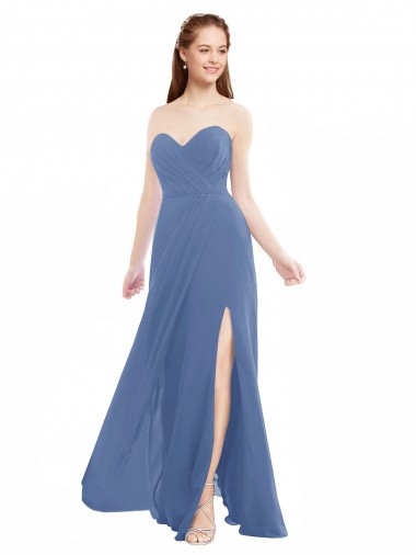 Erschwingliche Windsor Blau A-Linien Trägerlos Chiffon Lange Brautjungfernkleider