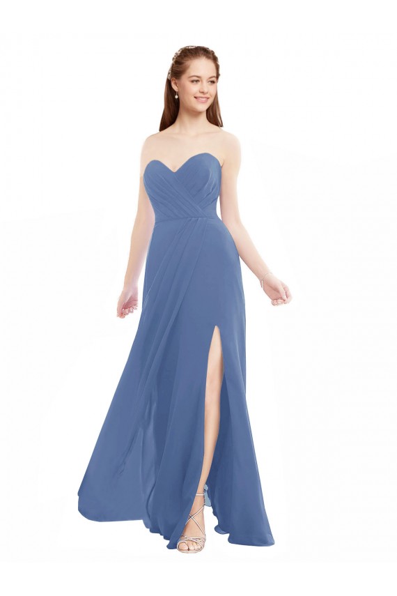 Erschwingliche Windsor Blau A-Linien Trägerlos Chiffon Lange Brautjungfernkleider