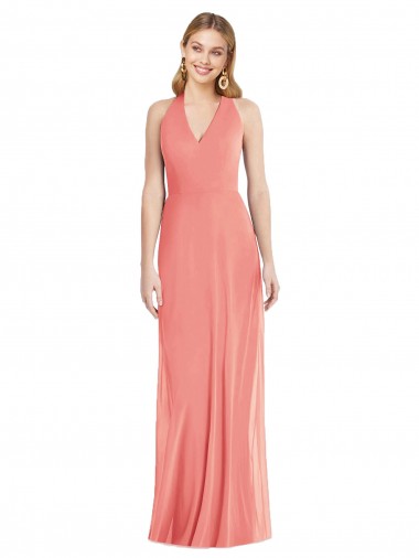 Erschwingliche Wüstenrose Trompete Neckholder V-Ausschnitt Chiffon Lange Formale Brautjungfernkleider / Abendkleider