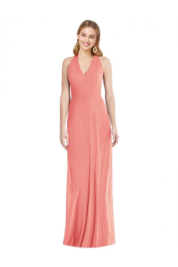 Erschwingliche Wüstenrose Trompete Neckholder V-Ausschnitt Chiffon Lange Formale Brautjungfernkleider / Abendkleider